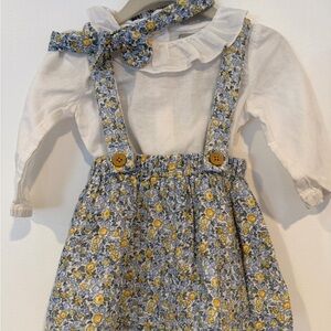 Primark Baby White Blouse and Jumper Dress Floral 6-9mo with Matching Bow